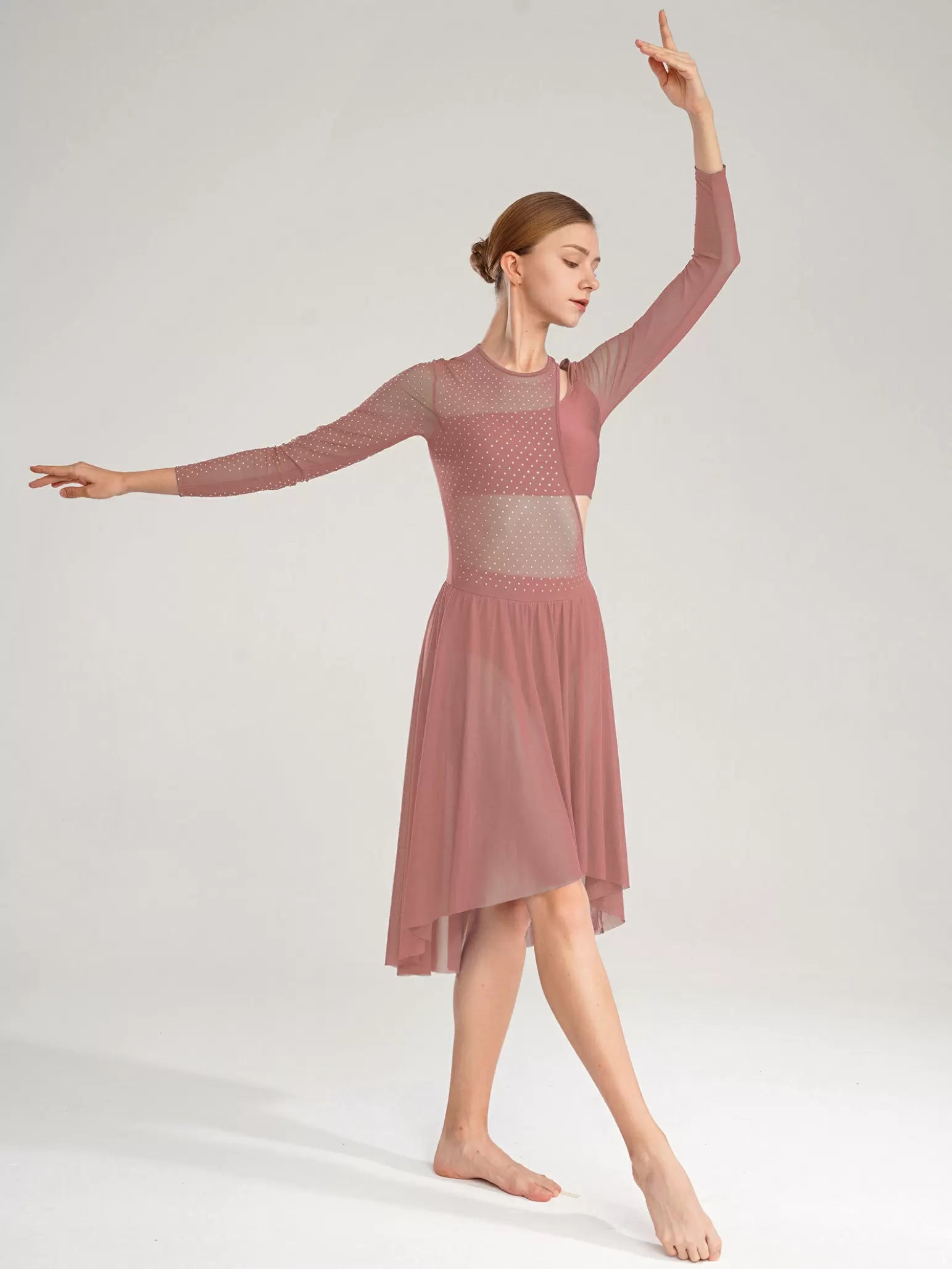 Women Long Sleeve High Low Mesh Lyrical Dance Dress