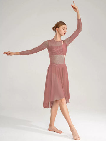 Women Long Sleeve High Low Mesh Lyrical Dance Dress