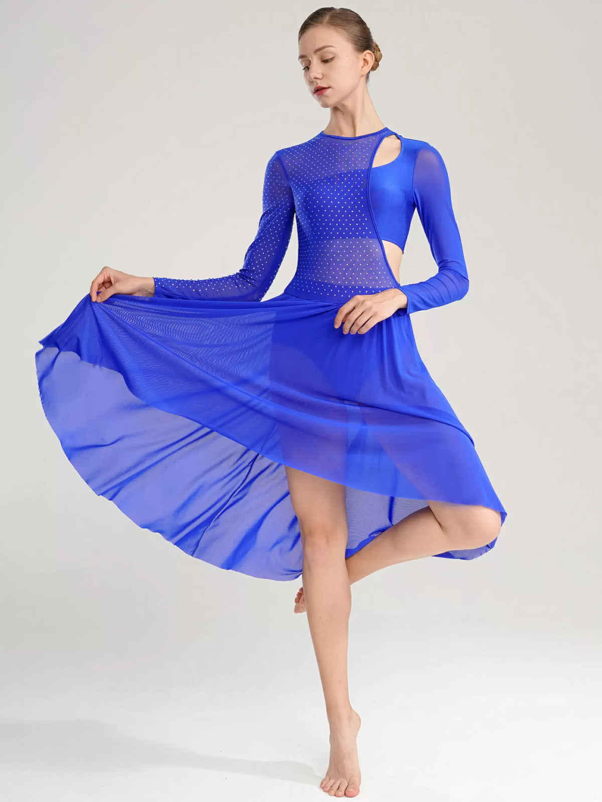 Women Long Sleeve High Low Mesh Lyrical Dance Dress