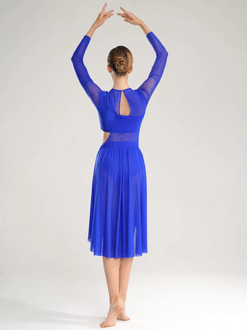 Women Long Sleeve High Low Mesh Lyrical Dance Dress