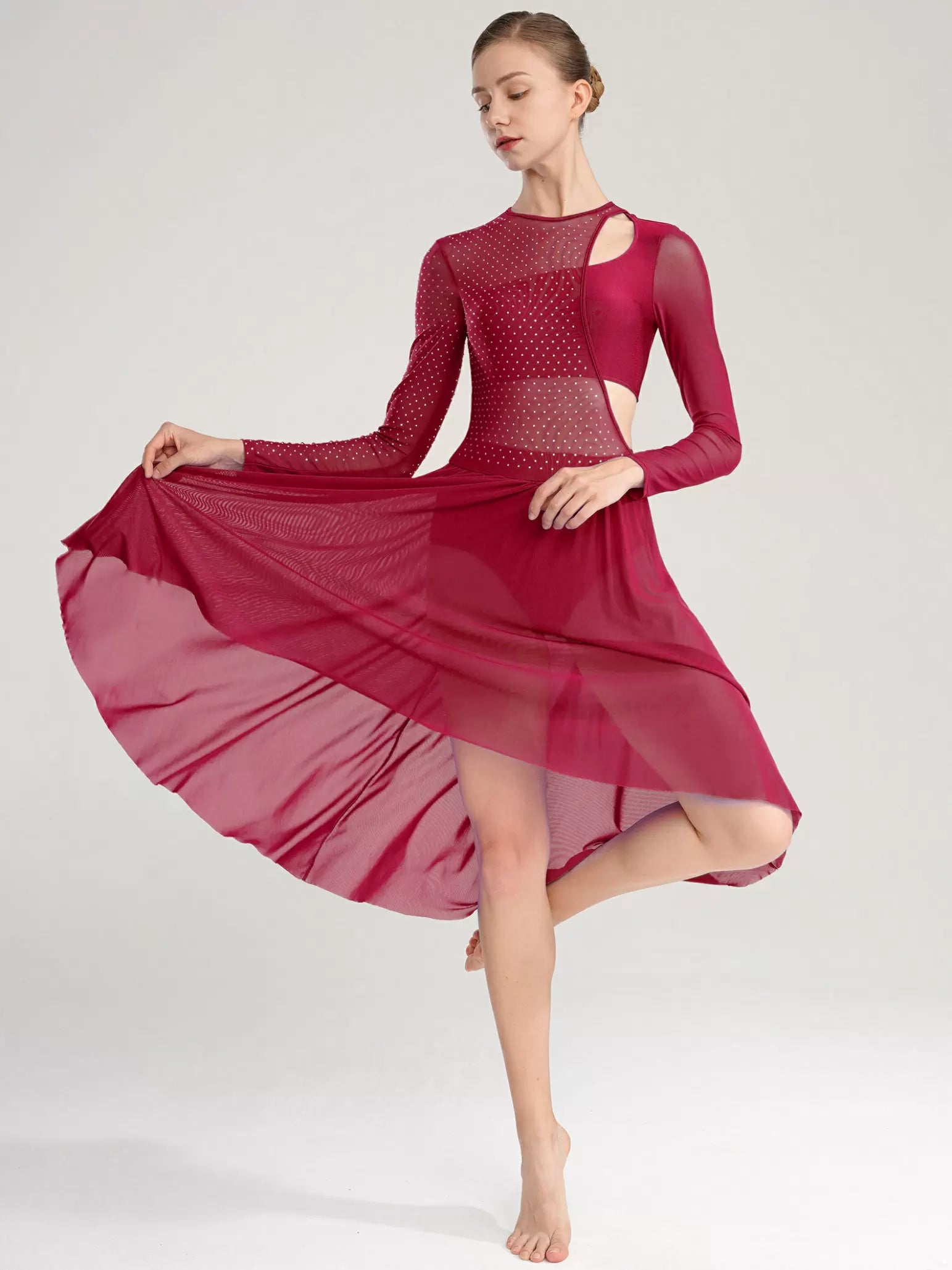 Women Long Sleeve High Low Mesh Lyrical Dance Dress