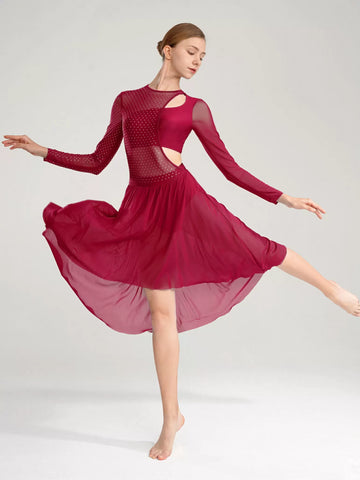 Women Long Sleeve High Low Mesh Lyrical Dance Dress