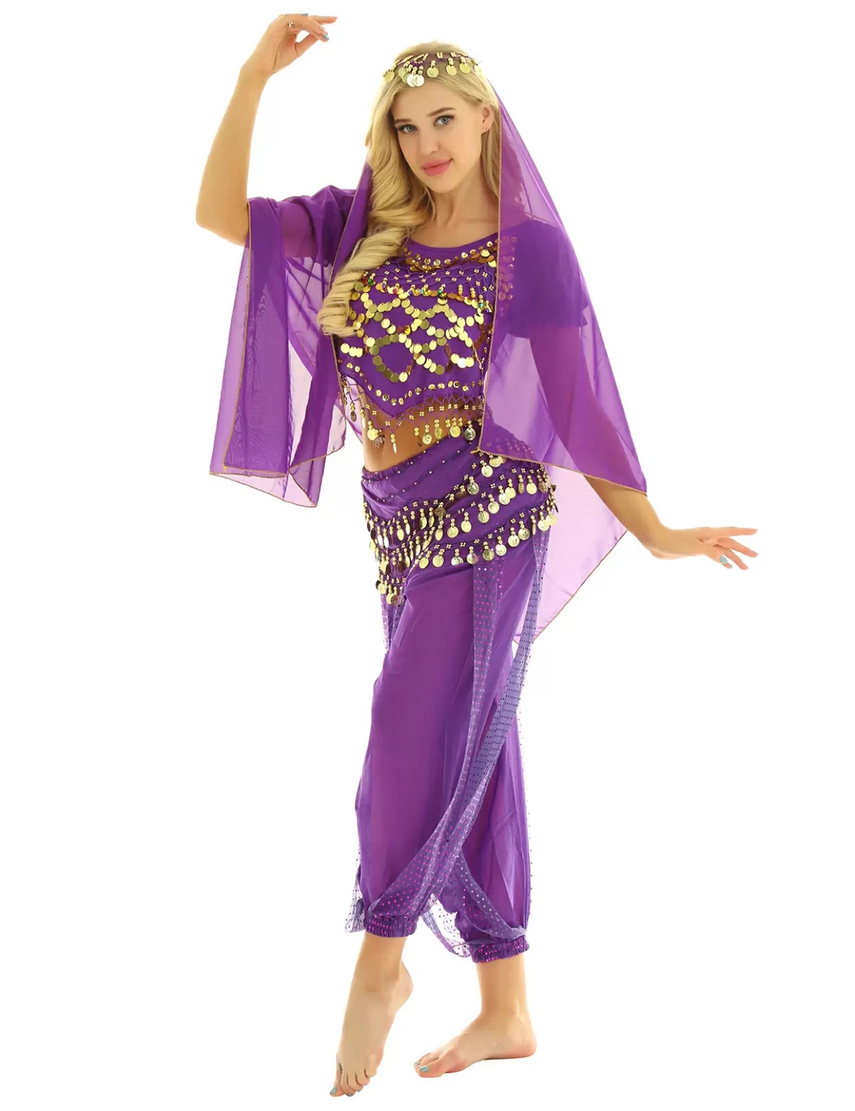 Women 4Pcs Puff Sleeve Sequin Crop Top with Pants Belly Dance Sets