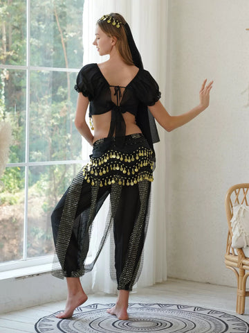 Women 4Pcs Puff Sleeve Sequin Crop Top with Pants Belly Dance Sets