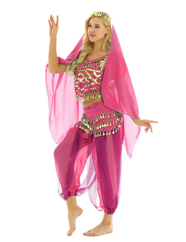 Women 4Pcs Puff Sleeve Sequin Crop Top with Pants Belly Dance Sets