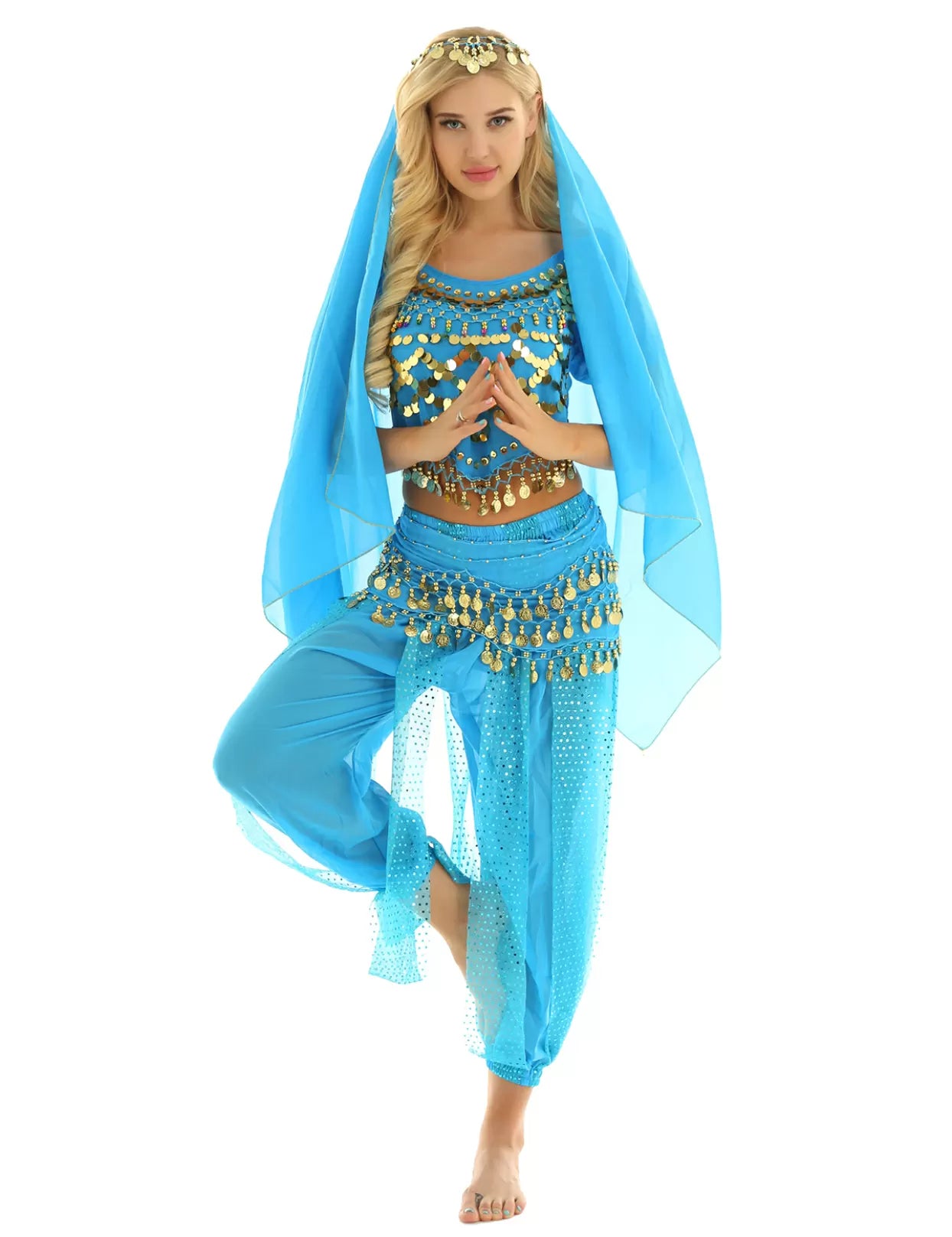 Women 4Pcs Puff Sleeve Sequin Crop Top with Pants Belly Dance Sets