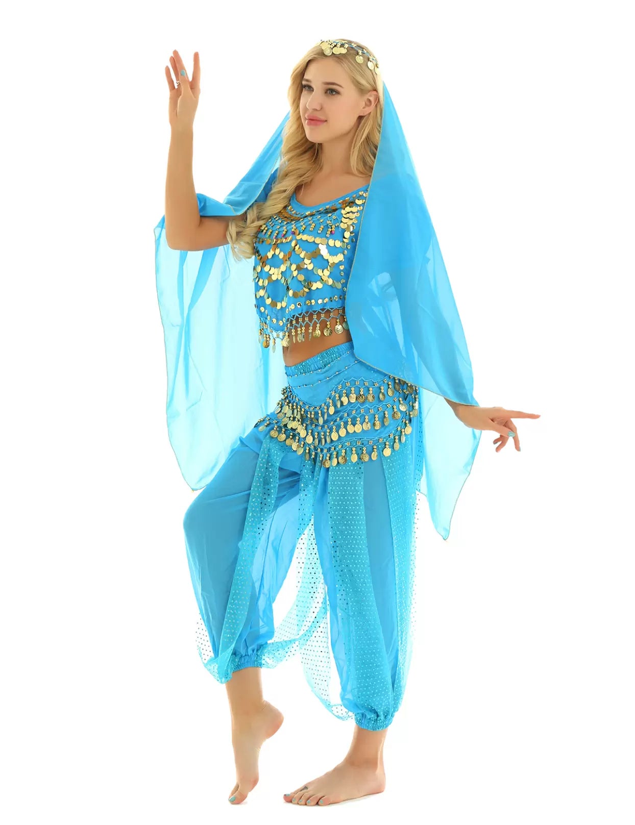 Women 4Pcs Puff Sleeve Sequin Crop Top with Pants Belly Dance Sets