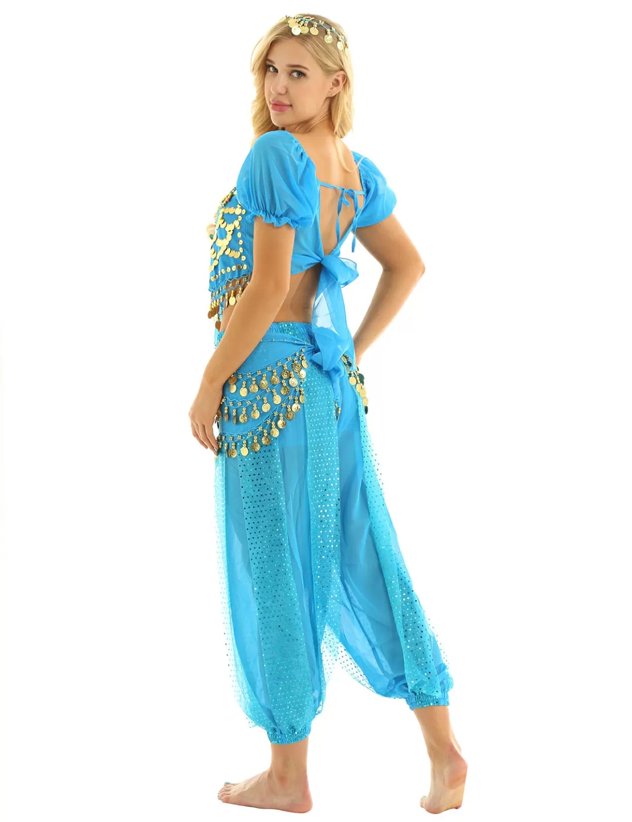 Women 4Pcs Puff Sleeve Sequin Crop Top with Pants Belly Dance Sets