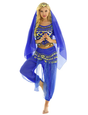 Women 4Pcs Puff Sleeve Sequin Crop Top with Pants Belly Dance Sets