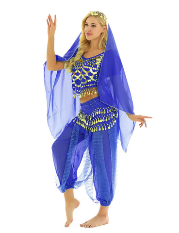 Women 4Pcs Puff Sleeve Sequin Crop Top with Pants Belly Dance Sets