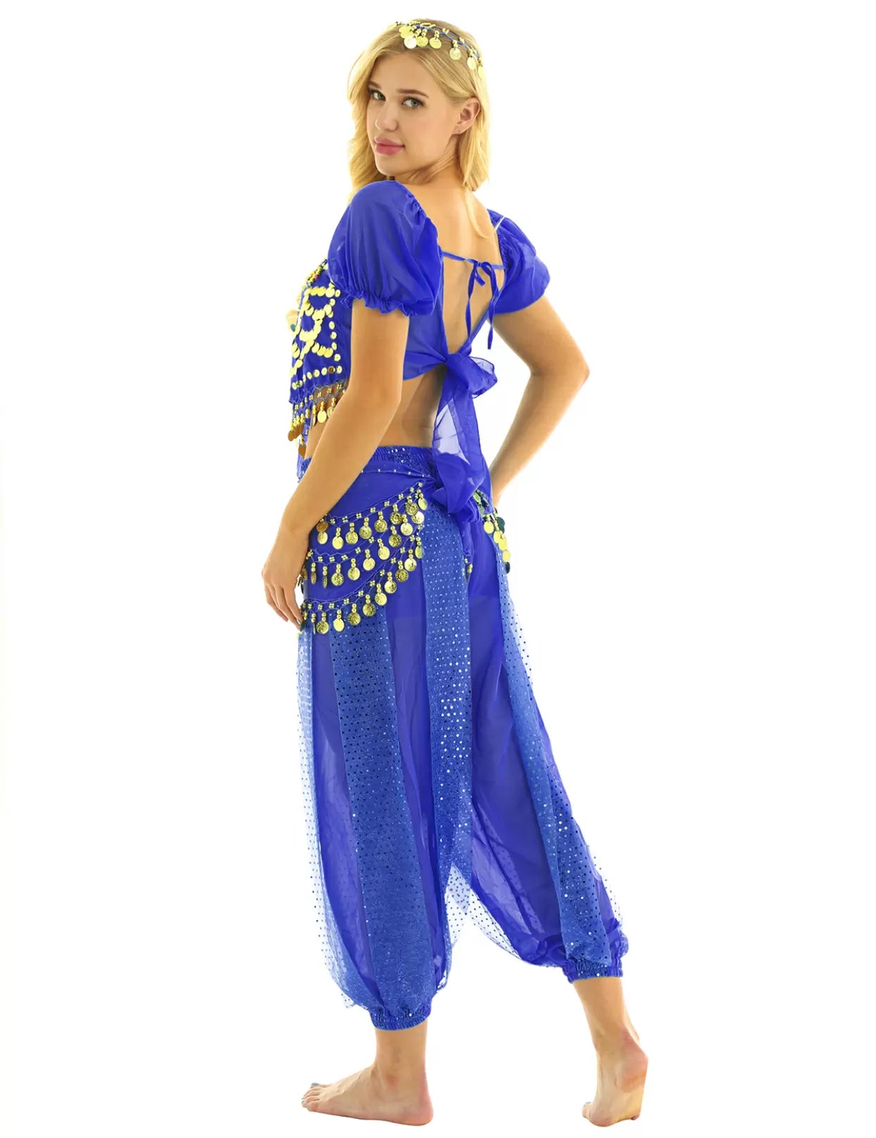 Women 4Pcs Puff Sleeve Sequin Crop Top with Pants Belly Dance Sets