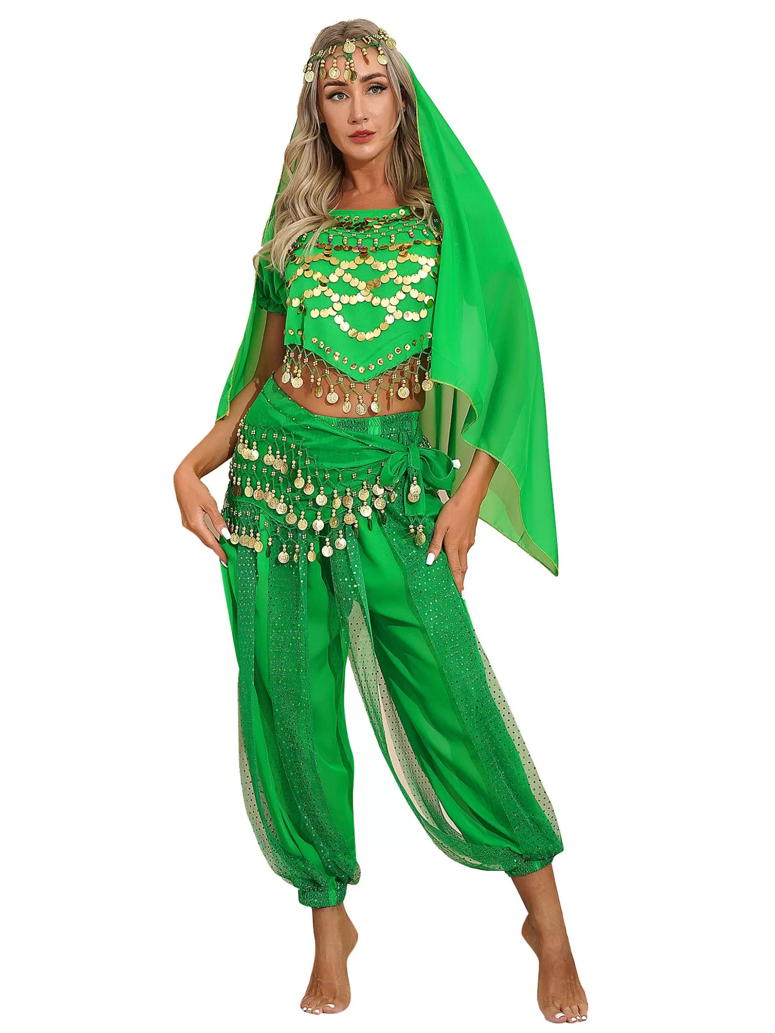 Women 4Pcs Puff Sleeve Sequin Crop Top with Pants Belly Dance Sets