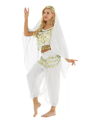 Women 4Pcs Puff Sleeve Sequin Crop Top with Pants Belly Dance Sets