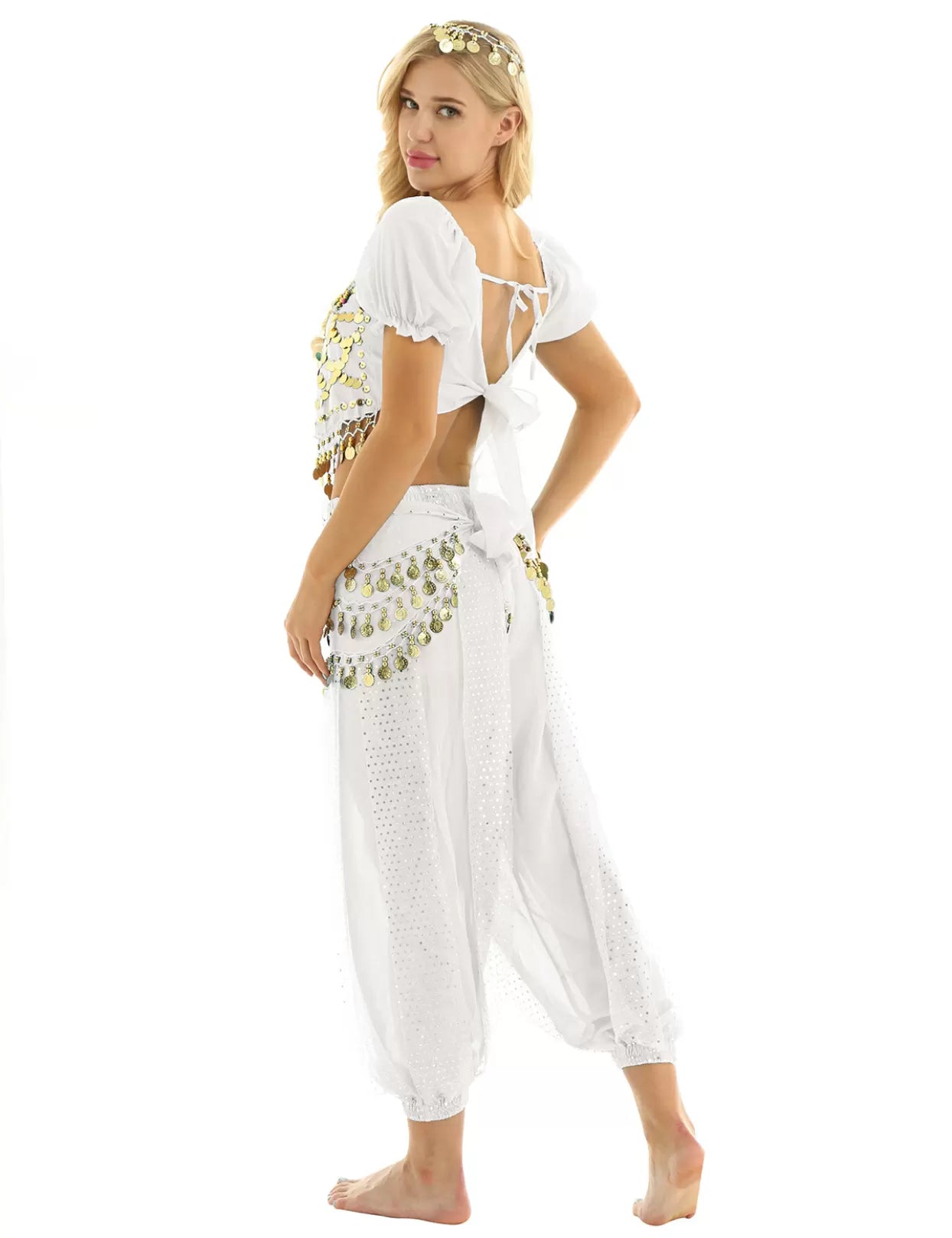 Women 4Pcs Puff Sleeve Sequin Crop Top with Pants Belly Dance Sets