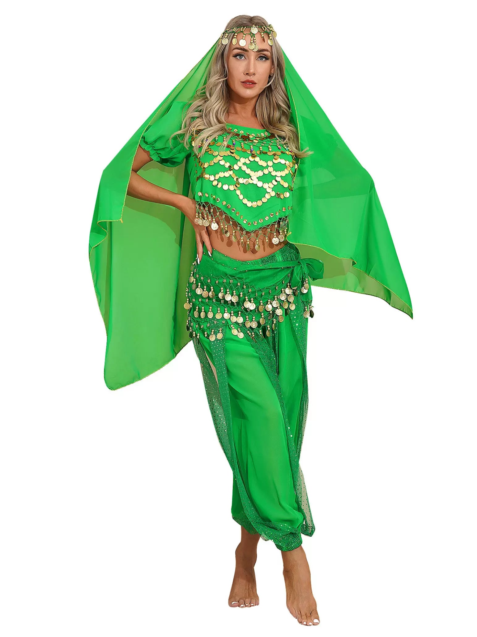 Women 4Pcs Puff Sleeve Sequin Crop Top with Pants Belly Dance Sets