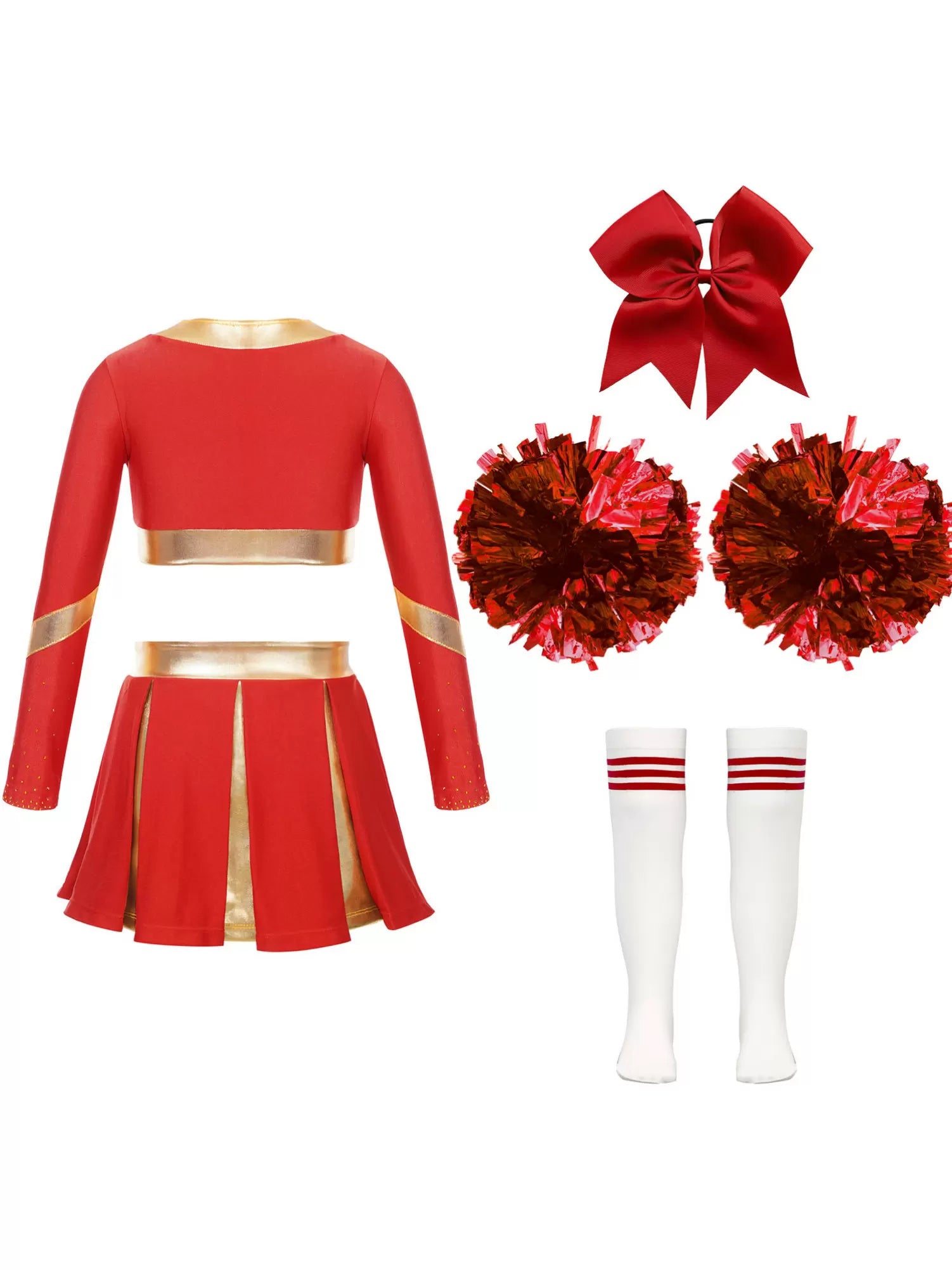 Kids Girls Long Sleeve Crop Top and Pleated Skirt Cheerlead Dance Set