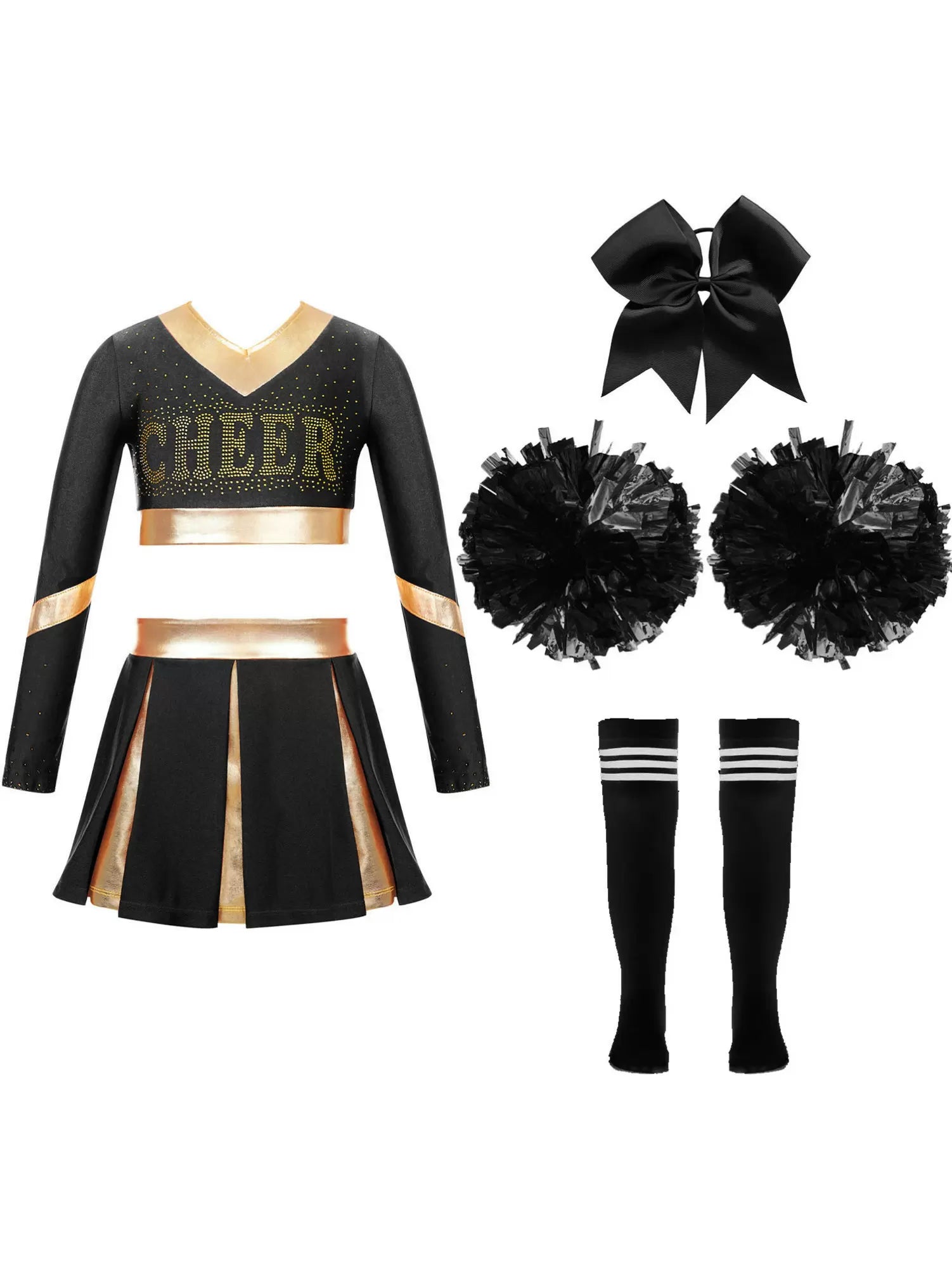 Kids Girls Long Sleeve Crop Top and Pleated Skirt Cheerlead Dance Set