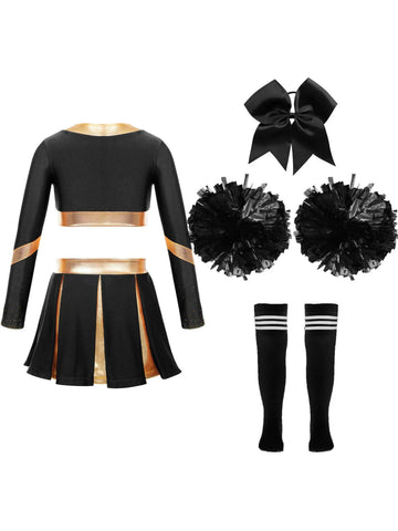 Kids Girls Long Sleeve Crop Top and Pleated Skirt Cheerlead Dance Set