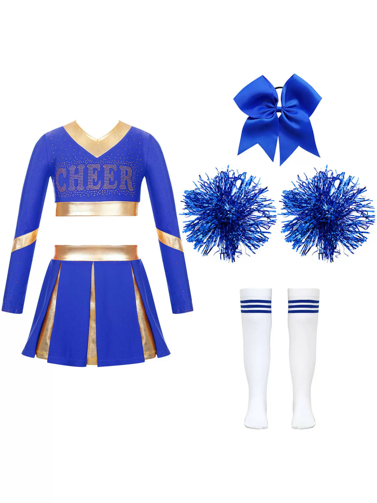 Kids Girls Long Sleeve Crop Top and Pleated Skirt Cheerlead Dance Set