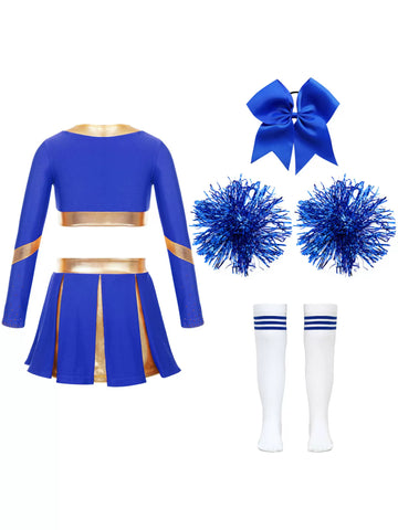 Kids Girls Long Sleeve Crop Top and Pleated Skirt Cheerlead Dance Set