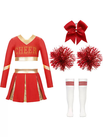 Kids Girls Long Sleeve Crop Top and Pleated Skirt Cheerlead Dance Set