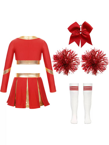 Kids Girls Long Sleeve Crop Top and Pleated Skirt Cheerlead Dance Set