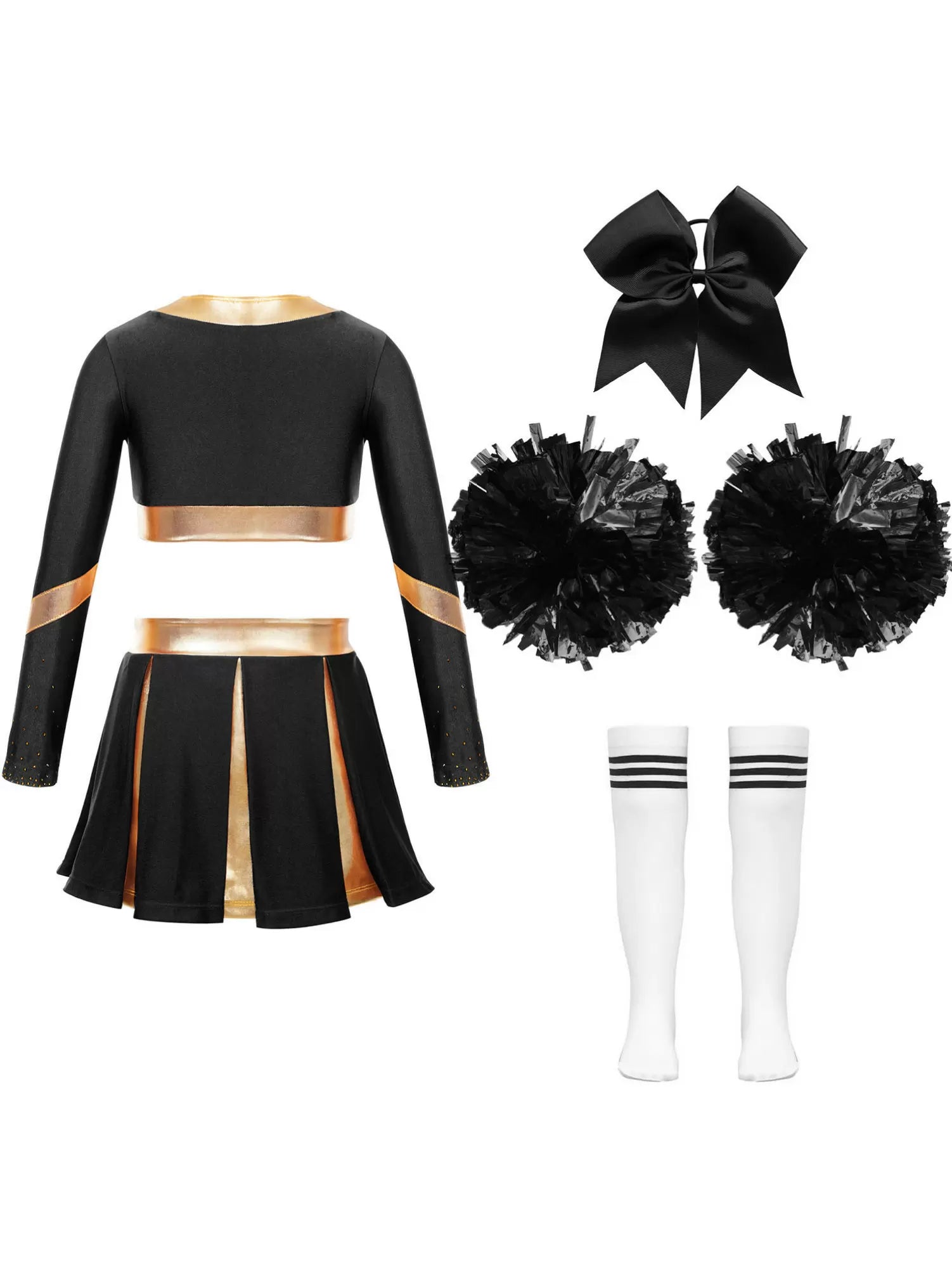 Kids Girls Long Sleeve Crop Top and Pleated Skirt Cheerlead Dance Set