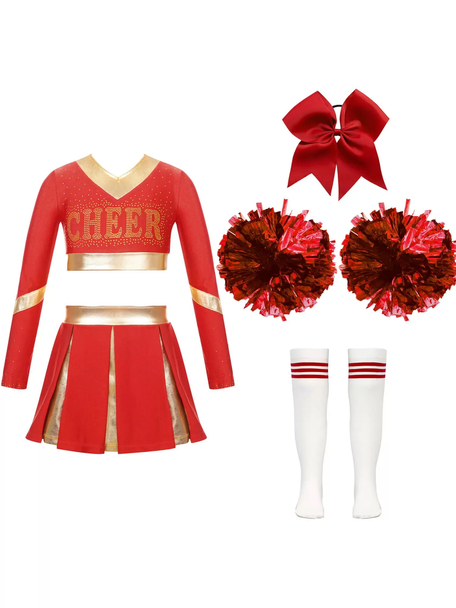 Kids Girls Long Sleeve Crop Top and Pleated Skirt Cheerlead Dance Set