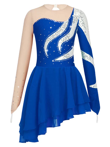 Kids Girls Long Sleeve Sequin Skating Dance Dress