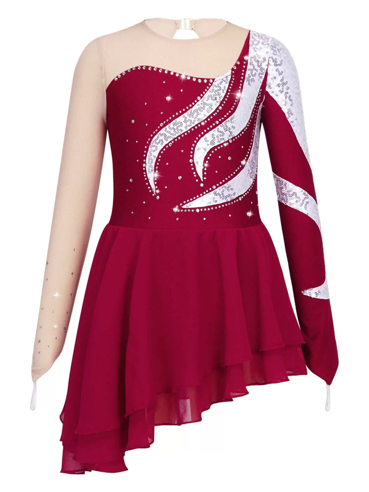 Kids Girls Long Sleeve Sequin Skating Dance Dress