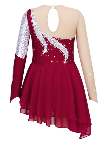 Kids Girls Long Sleeve Sequin Skating Dance Dress