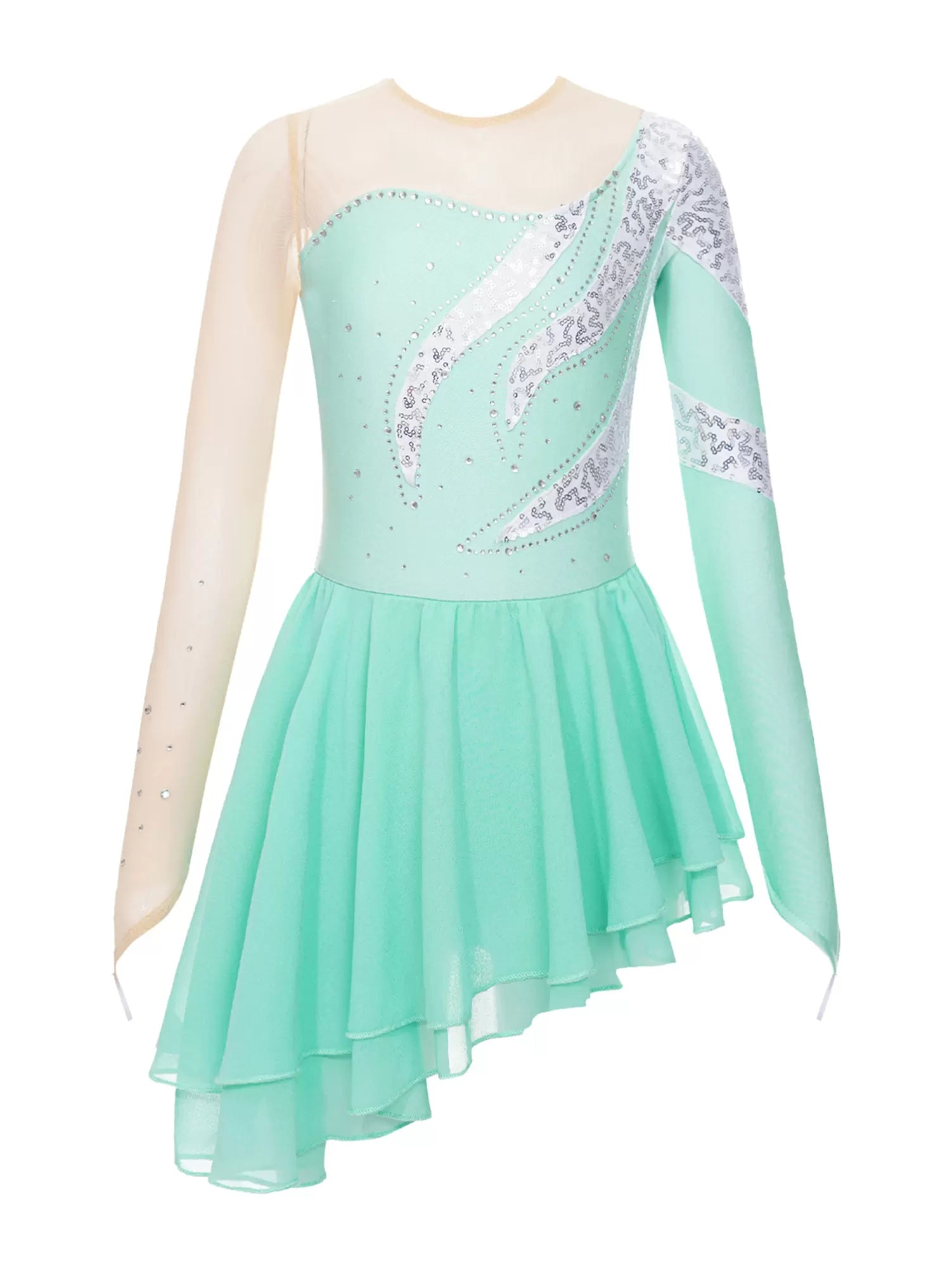 Kids Girls Long Sleeve Sequin Skating Dance Dress