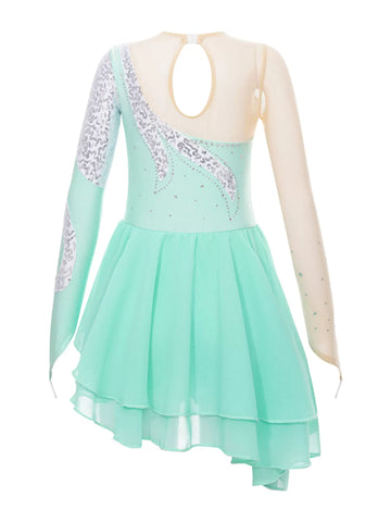 Kids Girls Long Sleeve Sequin Skating Dance Dress