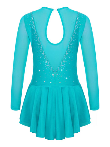 Kids Girls Long Sleeve V Shape Rhinestone Skating Dress