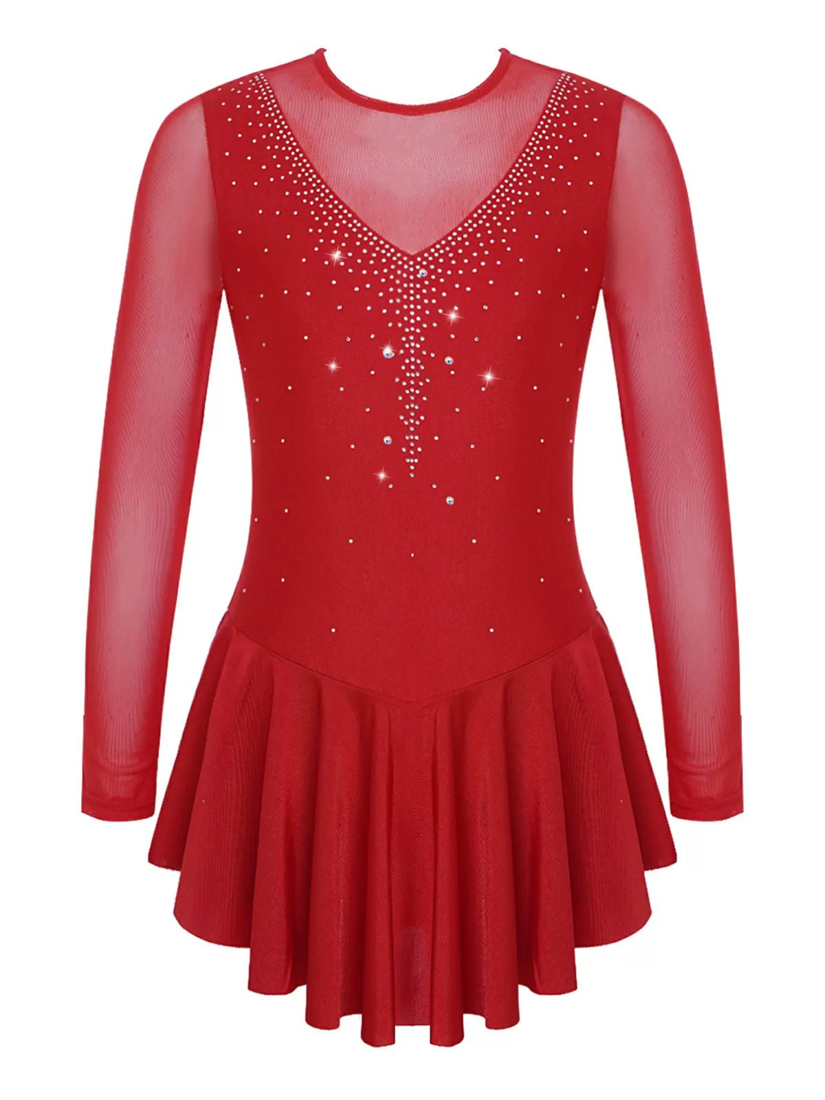 Kids Girls Long Sleeve V Shape Rhinestone Skating Dress