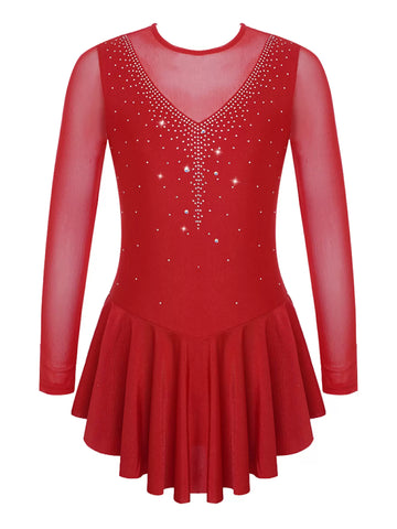 Kids Girls Long Sleeve V Shape Rhinestone Skating Dress