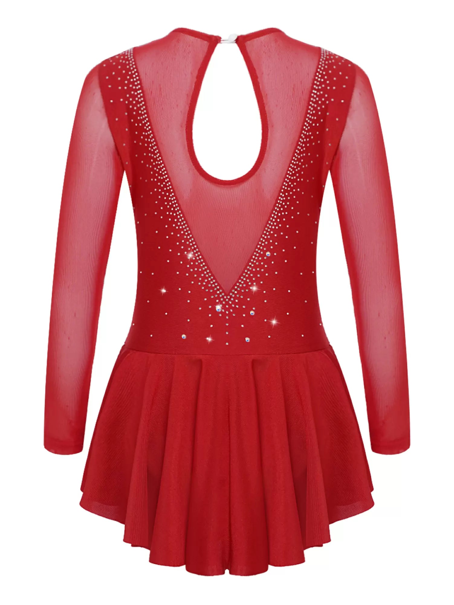 Kids Girls Long Sleeve V Shape Rhinestone Skating Dress