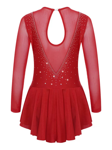 Kids Girls Long Sleeve V Shape Rhinestone Skating Dress