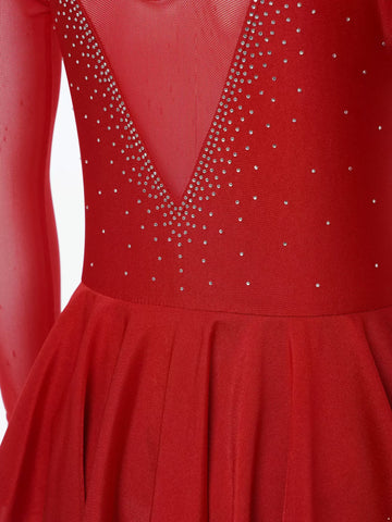 Kids Girls Long Sleeve V Shape Rhinestone Skating Dress