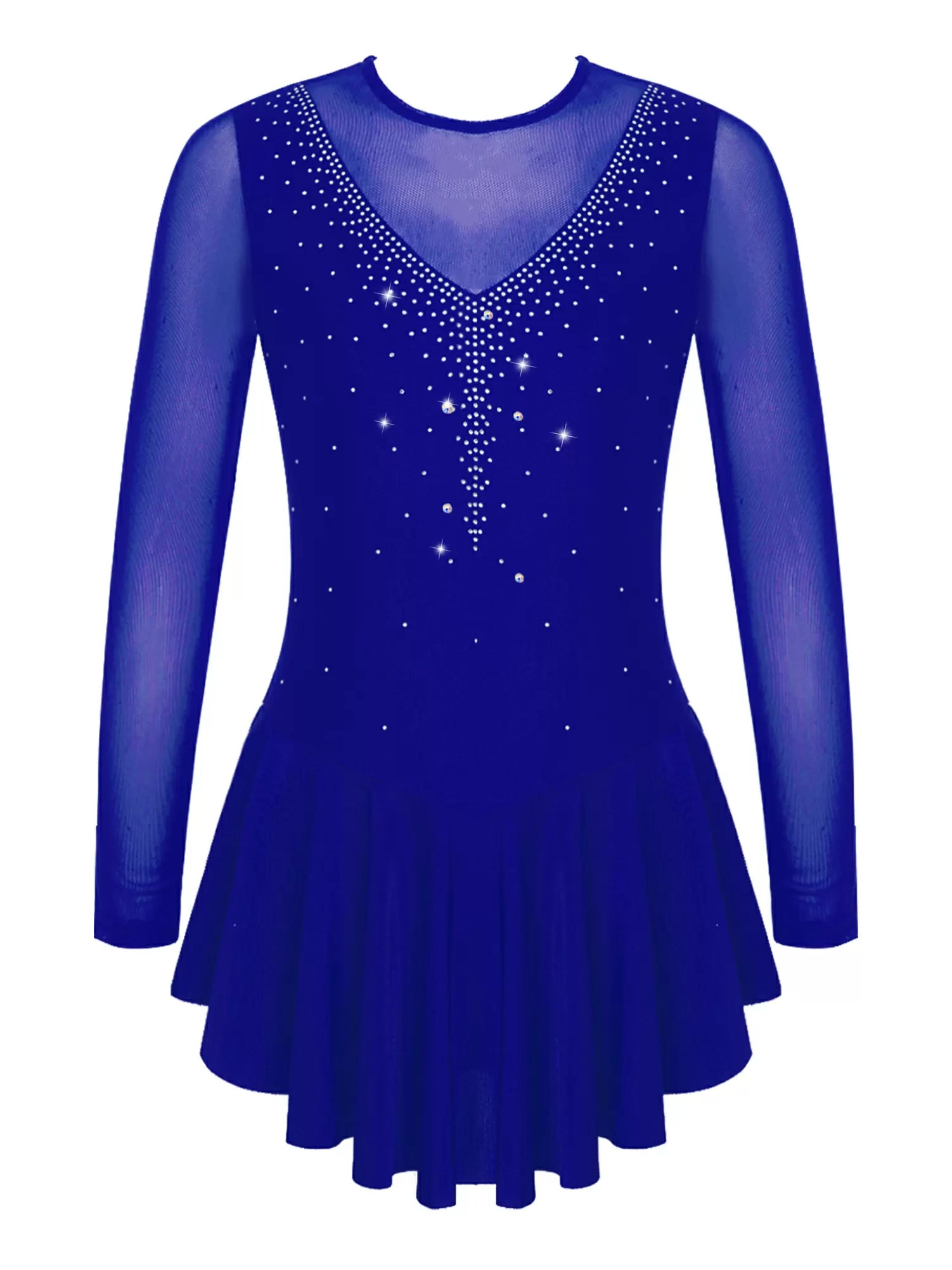 Kids Girls Long Sleeve V Shape Rhinestone Skating Dress