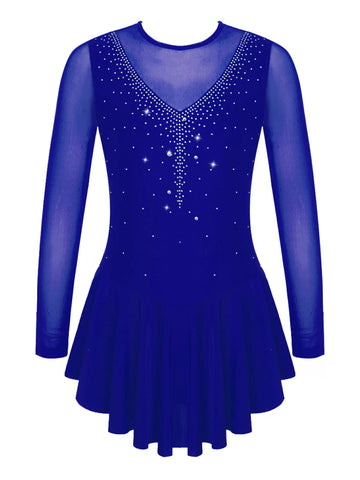 Kids Girls Long Sleeve V Shape Rhinestone Skating Dress