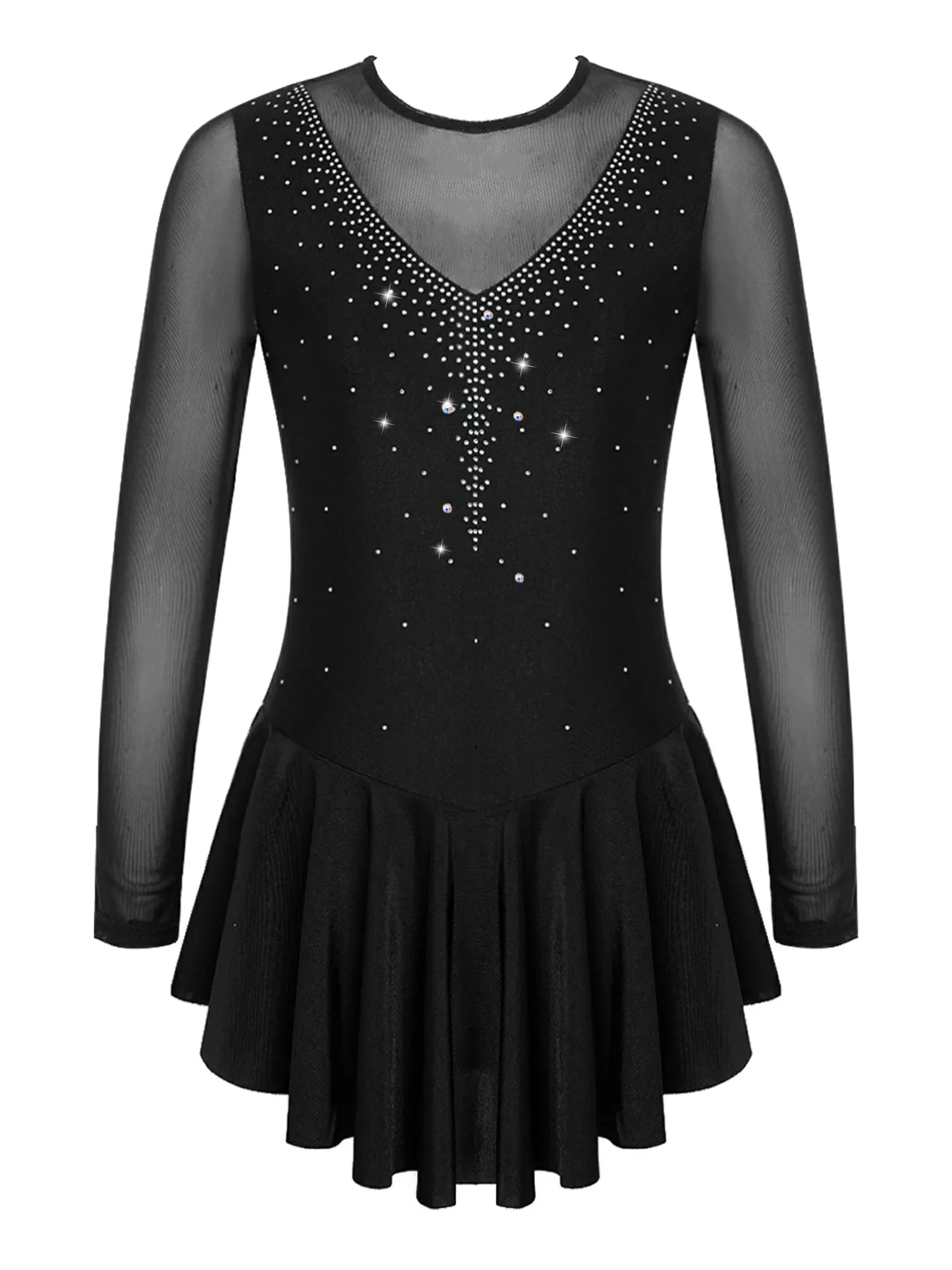 Kids Girls Long Sleeve V Shape Rhinestone Skating Dress