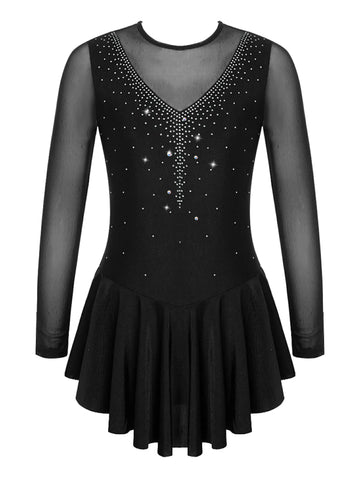 Kids Girls Long Sleeve V Shape Rhinestone Skating Dress