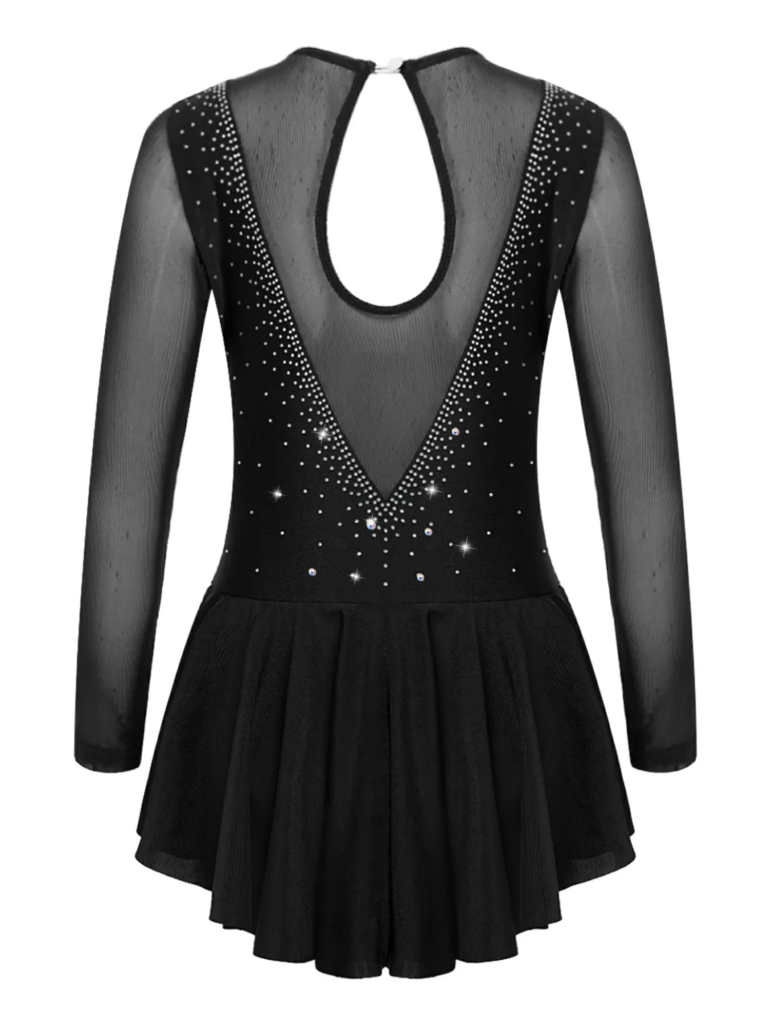 Kids Girls Long Sleeve V Shape Rhinestone Skating Dress