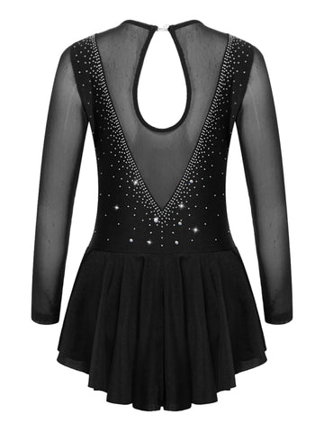 Kids Girls Long Sleeve V Shape Rhinestone Skating Dress