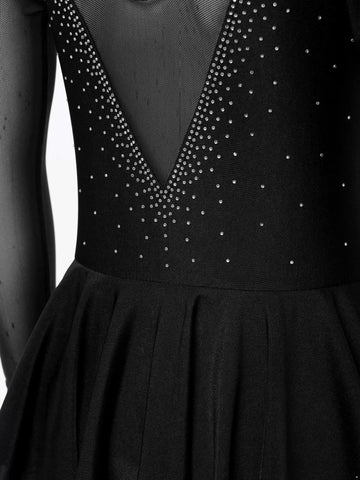 Kids Girls Long Sleeve V Shape Rhinestone Skating Dress