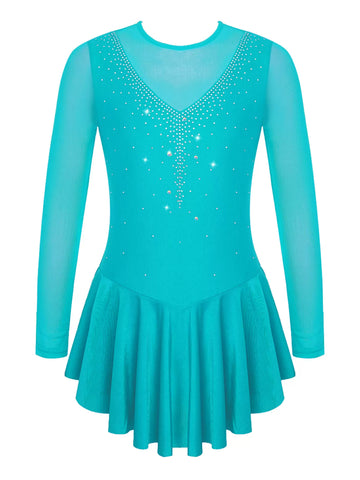 Kids Girls Long Sleeve V Shape Rhinestone Skating Dress