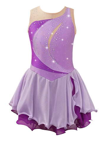 Kids Girls Sleeveless Shiny Rhinestone Chiffon Skating Dress