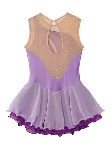 Kids Girls Sleeveless Shiny Rhinestone Chiffon Skating Dress