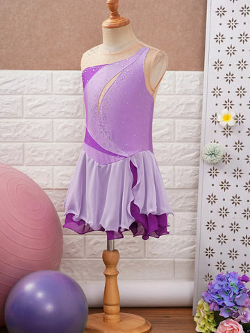 Kids Girls Sleeveless Shiny Rhinestone Chiffon Skating Dress